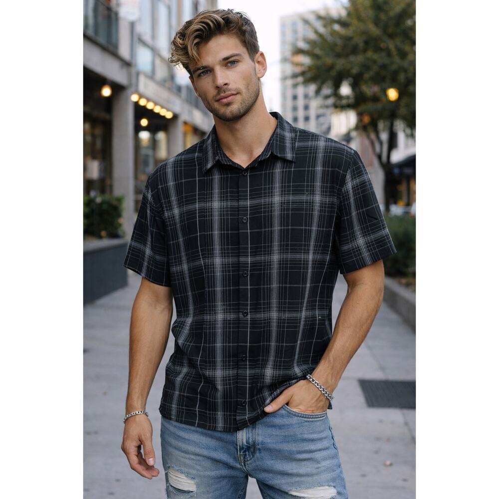 John Ashford Black Plaid Button Up Shirt Men’s XL Short Sleeve Casual